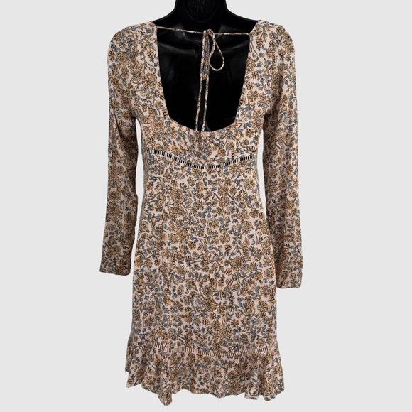 Free People Boheme Long Sleeve Square Neck Mini Dress in Ivory Floral | Size 6 - Picture 4 of 9